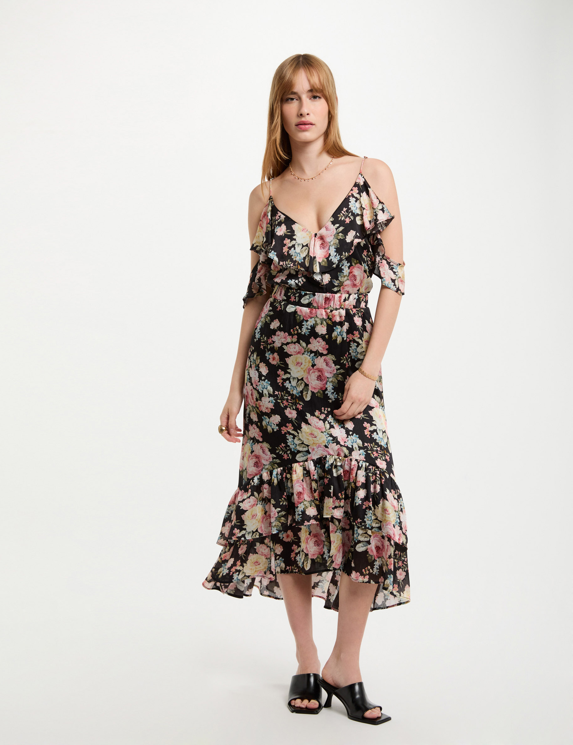 jupe midi volants imprimee multicolore femme Jupe midi volants imprimée multicolore femme