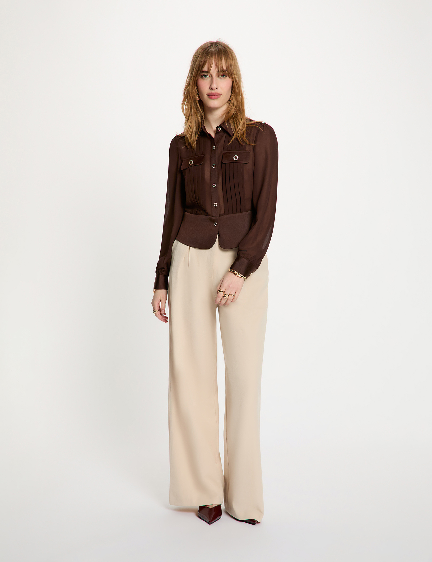 Chemise manches longues avec plis marron fonc&eacute; femme