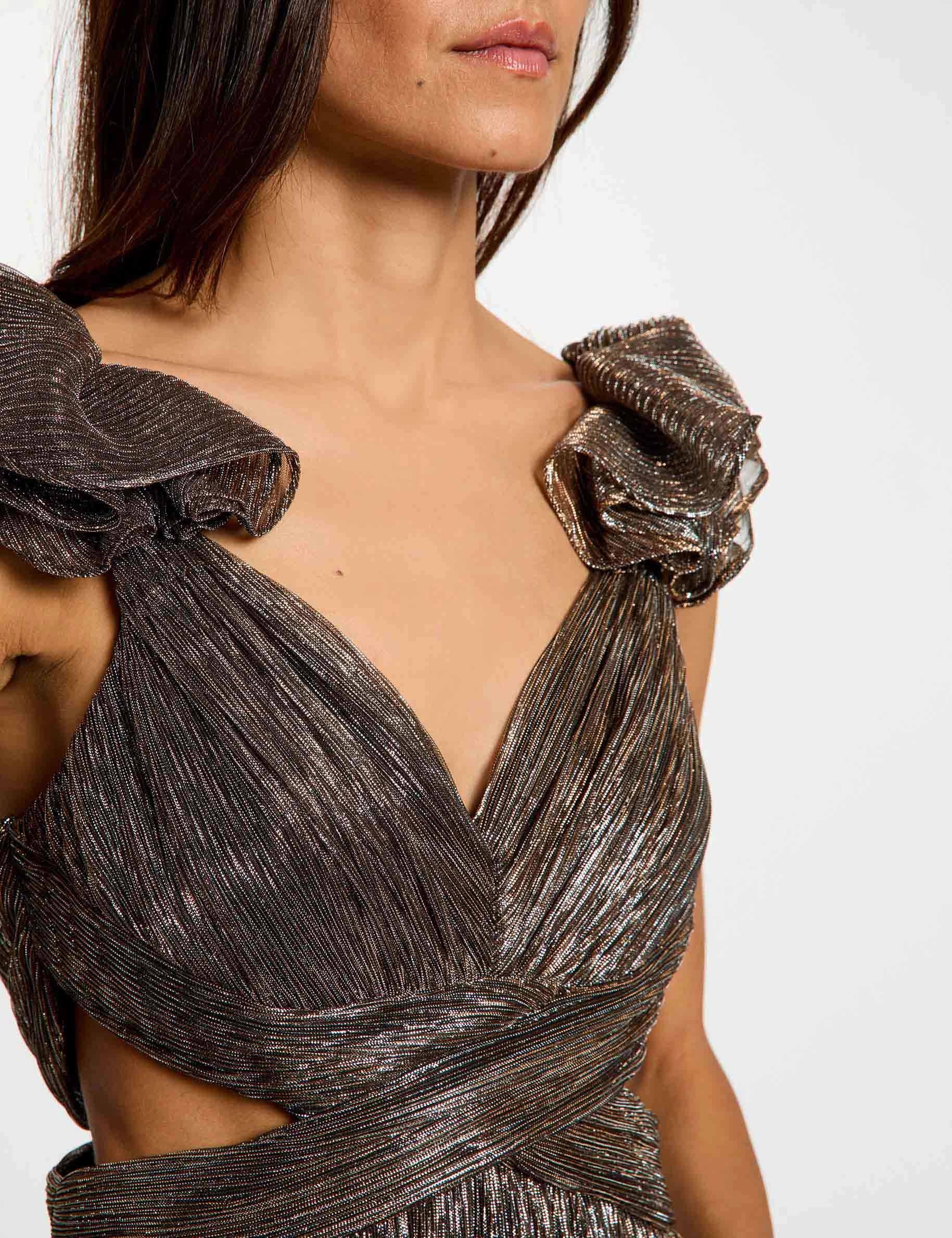 Robe longue col v couleur bronze femme