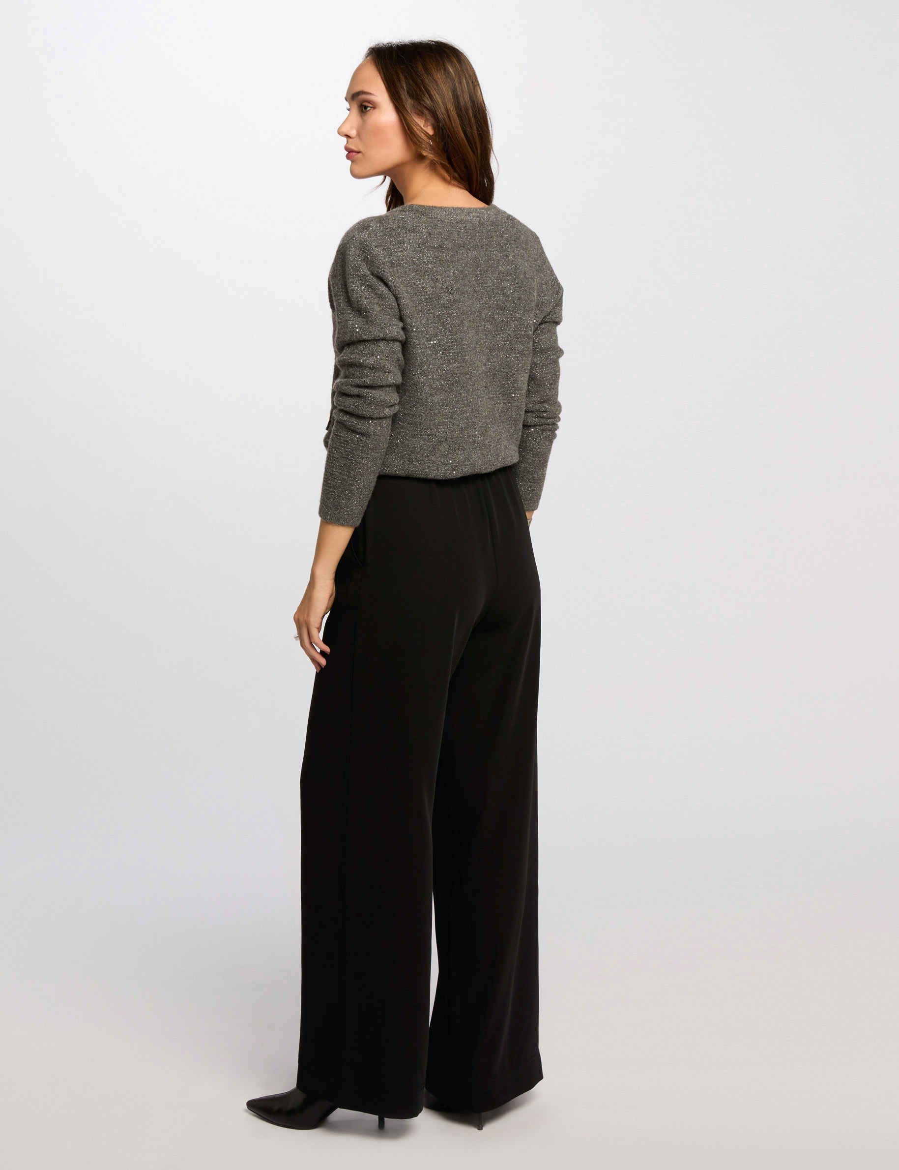 Pantalon large taille haute noir femme