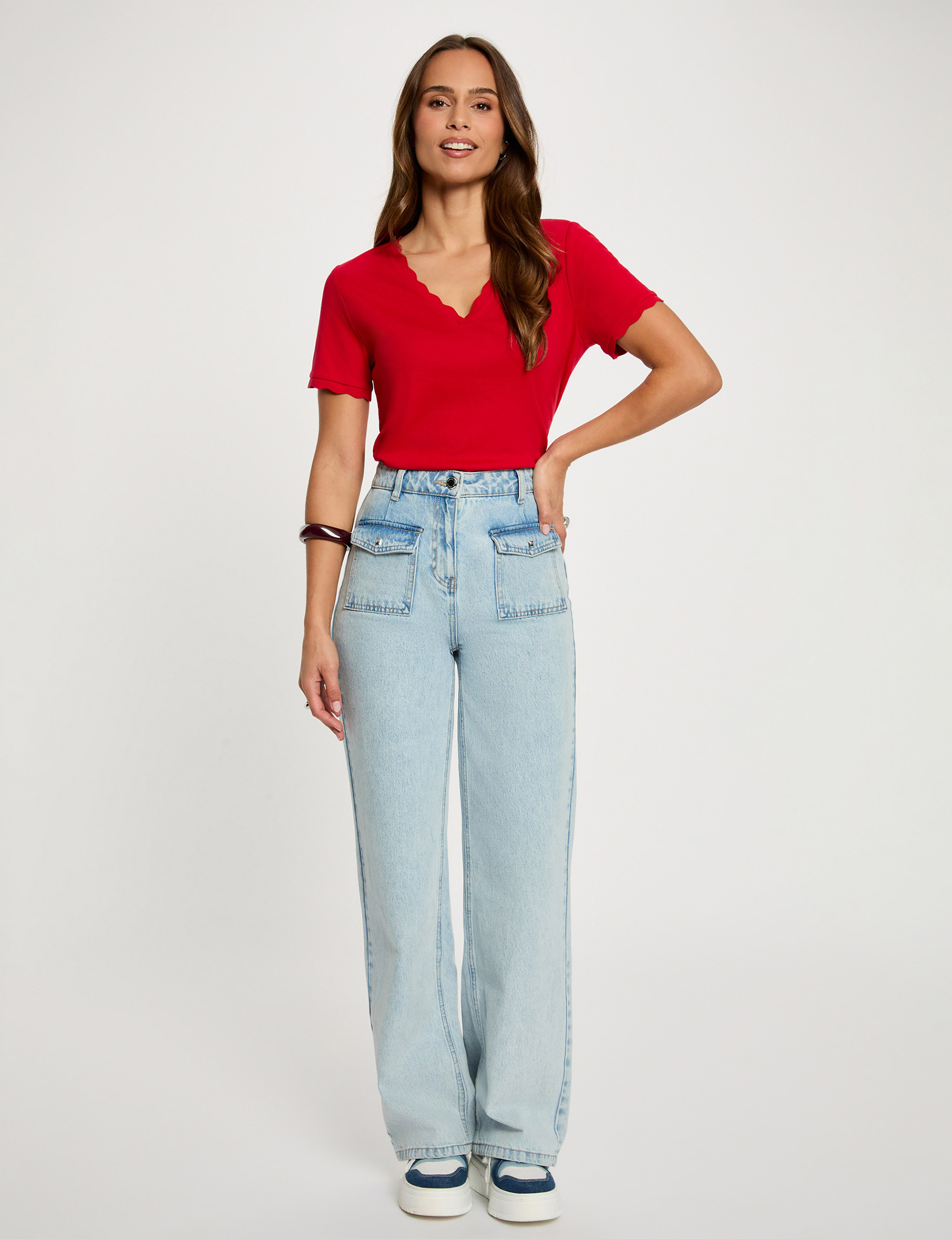 Tailliertes V-Ausschnitt T-Shirt rot damen