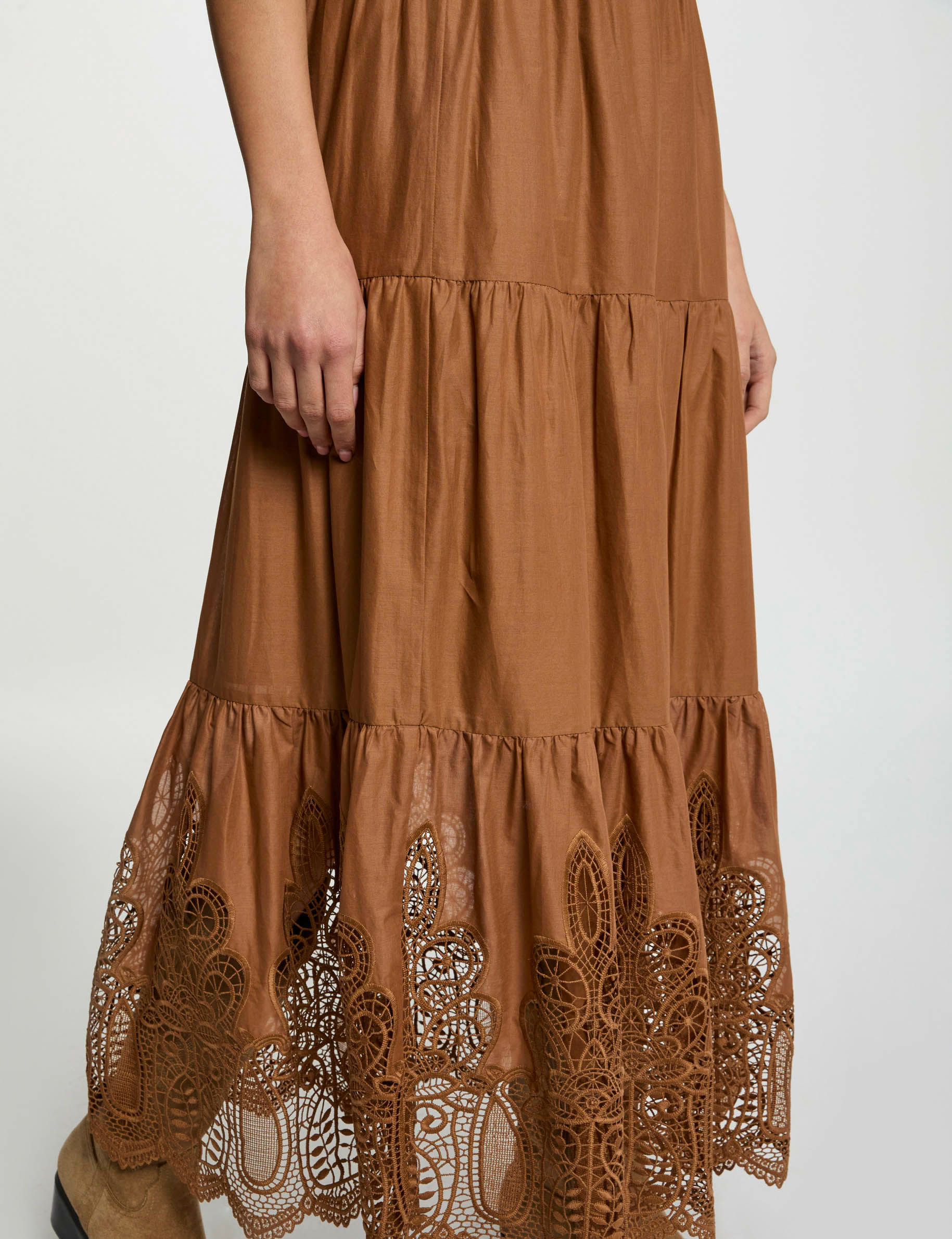 langer rock mit spitzen details cognacbraun damen Langer Rock mit Spitzen-Details cognacbraun damen