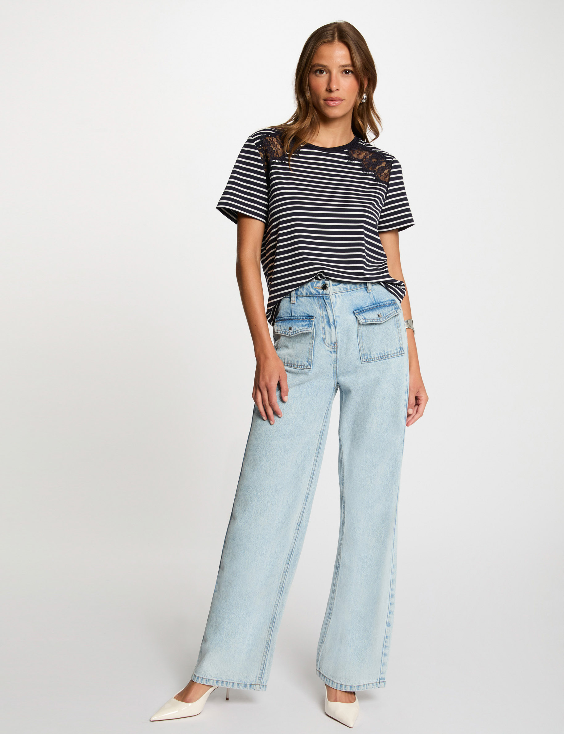 Gestreiftes Kurzarm-T-Shirt marineblau damen