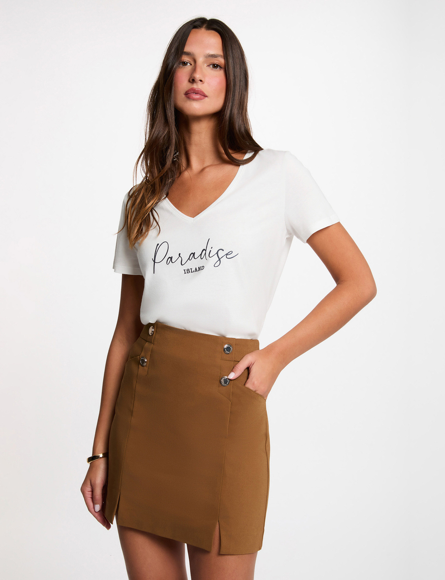 Jupe courte &agrave; boutons camel femme