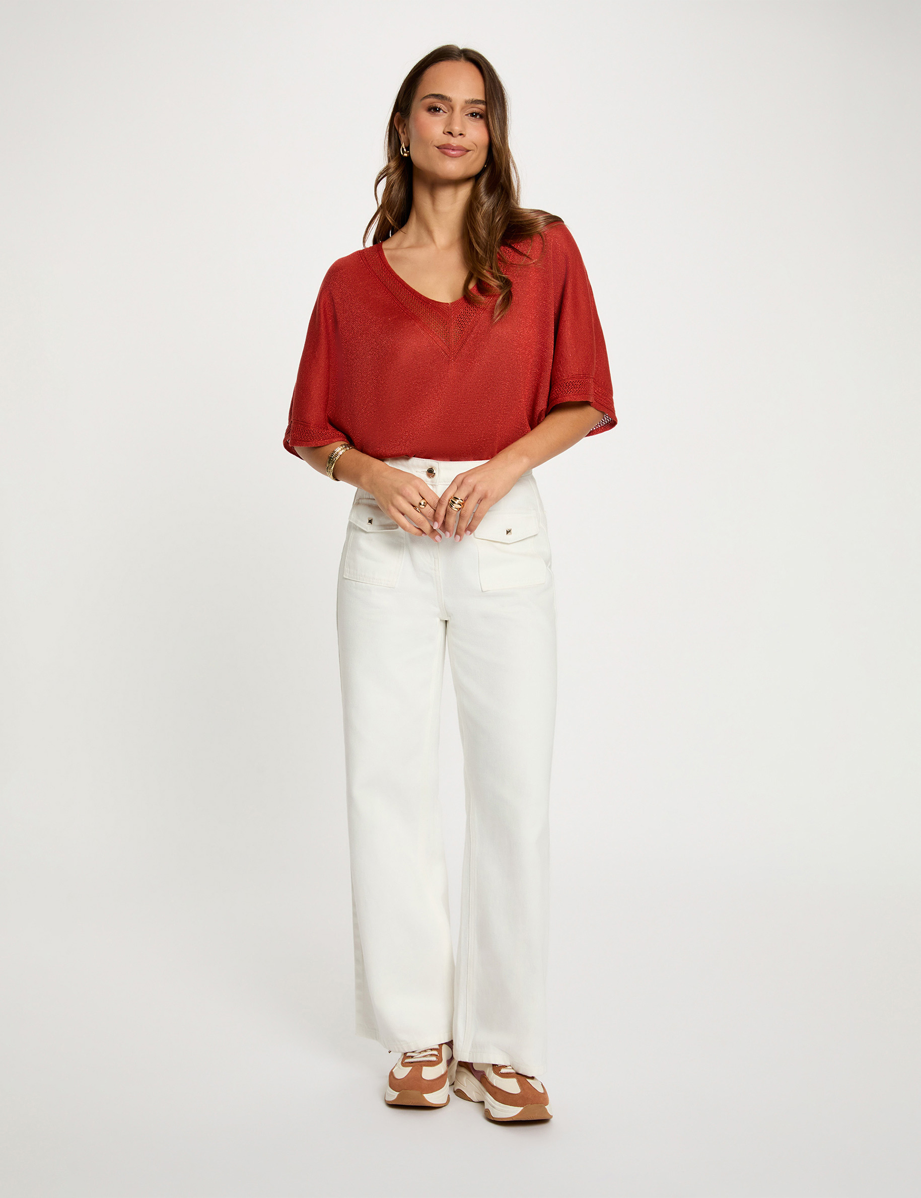 Kurzarm-Pullover mit V-Kragen dunkelorange damen